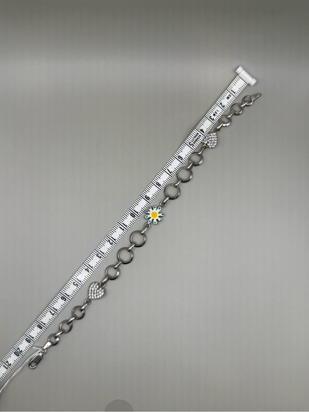 925 Sterling Silver Tone Charm Chain Bracelet with Daisy and Pave Heart Charms